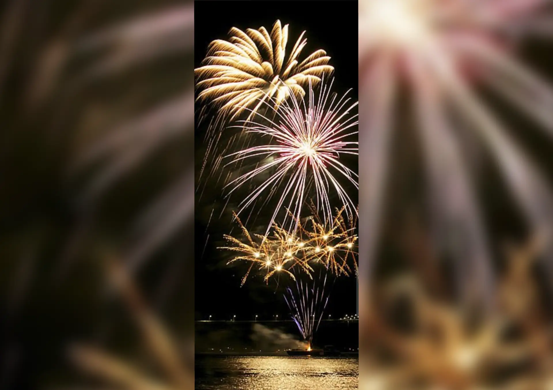 A group of fireworks are lit up in the night sky.