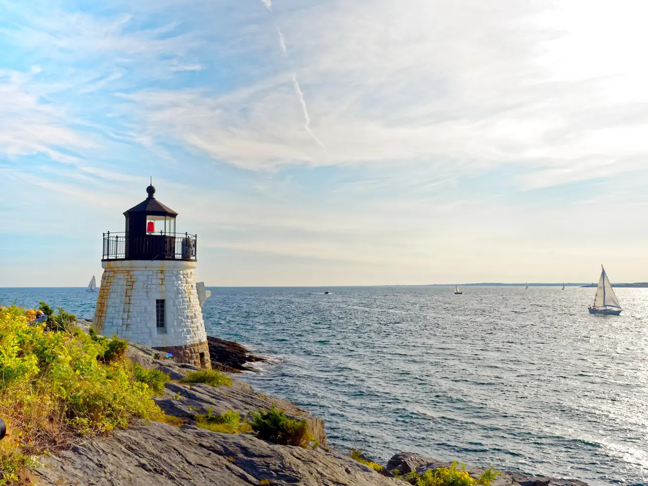 Castle Hill Lighthouse in summer, a beautiful and famous New England light house, Newport, Rhode Island, USA lighthouse in Narragansett Bay in Newport RI